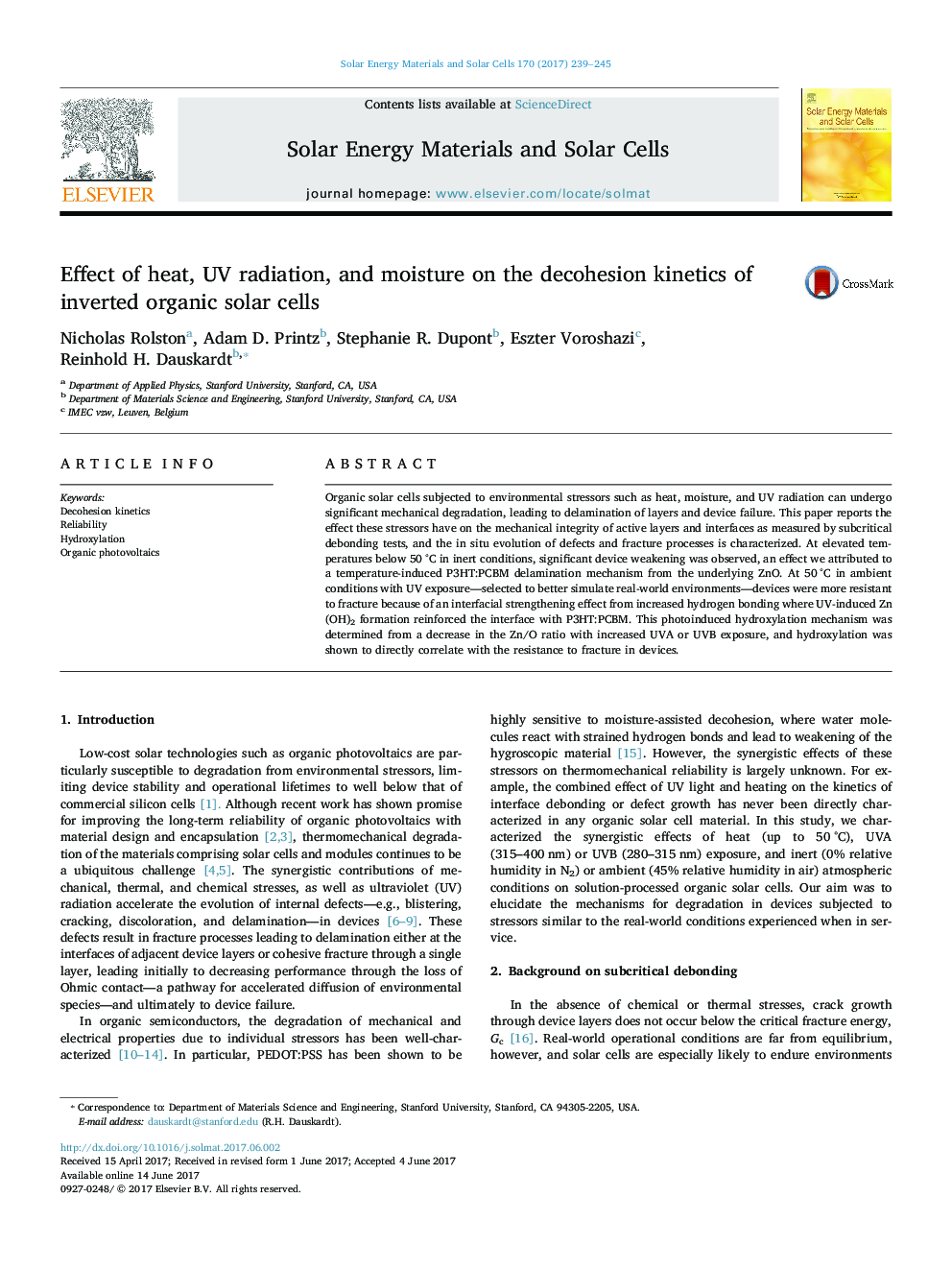 Effect of heat, UV radiation, and moisture on the decohesion kinetics of inverted organic solar cells