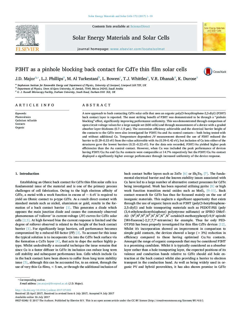 P3HT as a pinhole blocking back contact for CdTe thin film solar cells