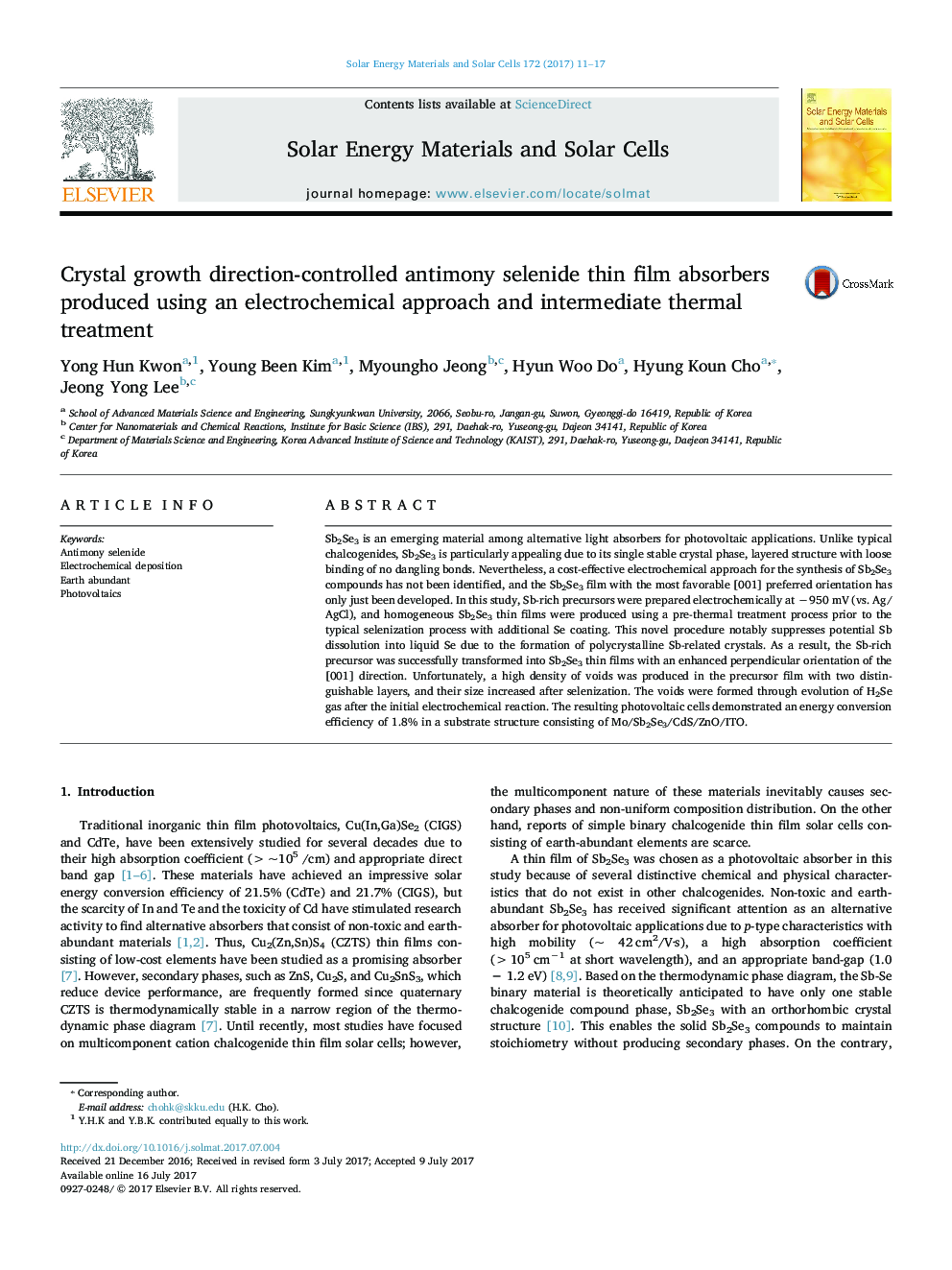 Crystal growth direction-controlled antimony selenide thin film absorbers produced using an electrochemical approach and intermediate thermal treatment