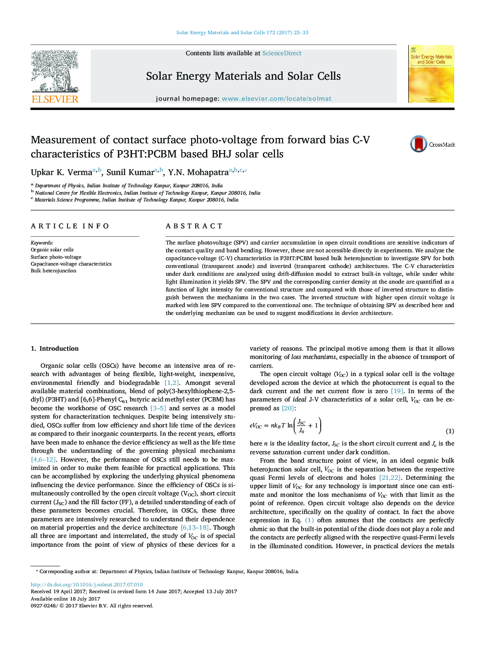 Measurement of contact surface photo-voltage from forward bias C-V characteristics of P3HT:PCBM based BHJ solar cells