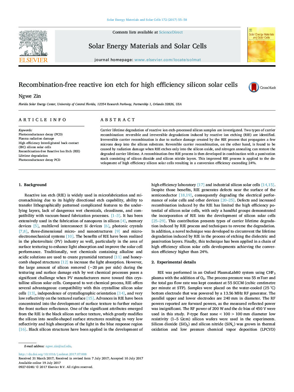 Recombination-free reactive ion etch for high efficiency silicon solar cells