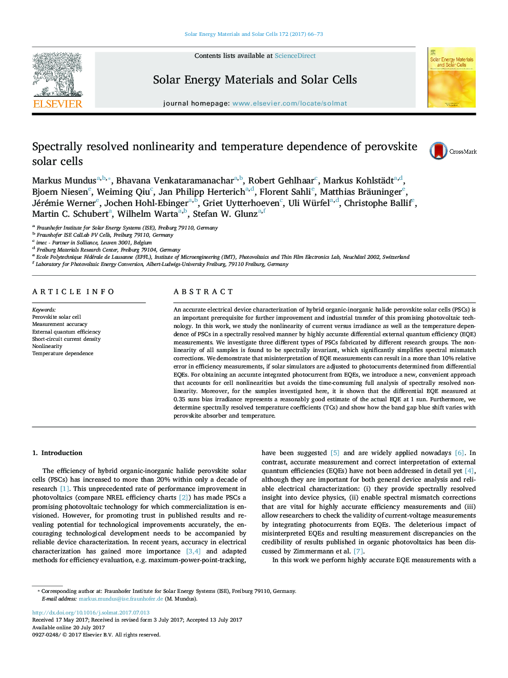 Spectrally resolved nonlinearity and temperature dependence of perovskite solar cells