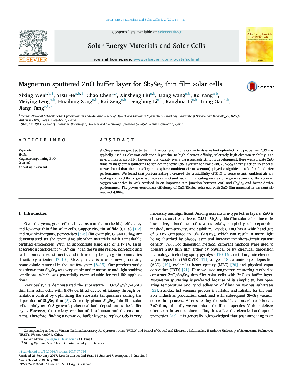 Magnetron sputtered ZnO buffer layer for Sb2Se3 thin film solar cells