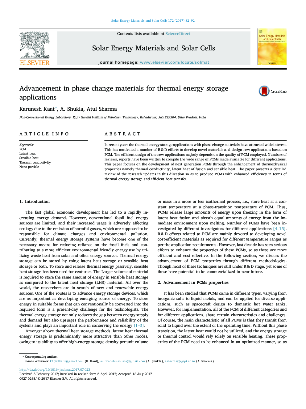 Advancement in phase change materials for thermal energy storage applications