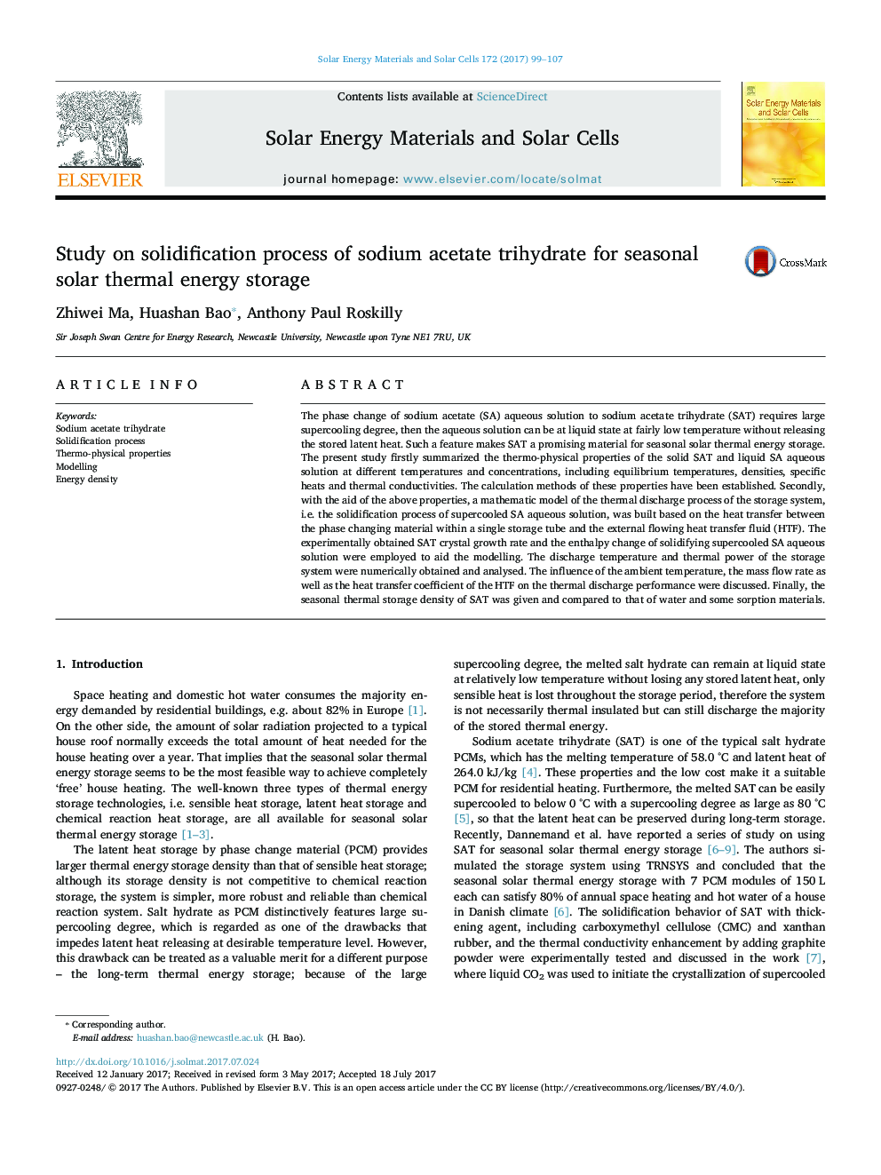 Study on solidification process of sodium acetate trihydrate for seasonal solar thermal energy storage