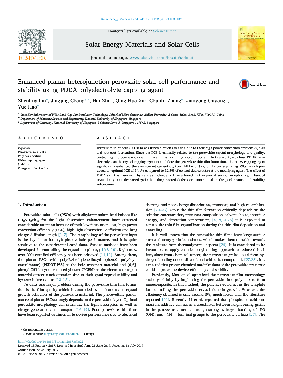 Enhanced planar heterojunction perovskite solar cell performance and stability using PDDA polyelectrolyte capping agent