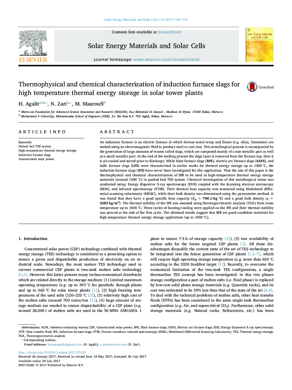 Thermophysical and chemical characterization of induction furnace slags for high temperature thermal energy storage in solar tower plants