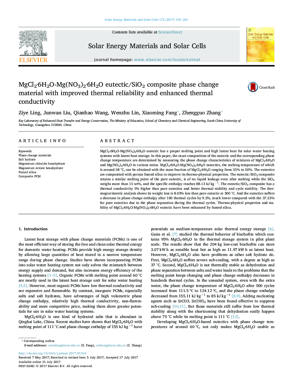 MgCl2Â·6H2O-Mg(NO3)2Â·6H2O eutectic/SiO2 composite phase change material with improved thermal reliability and enhanced thermal conductivity