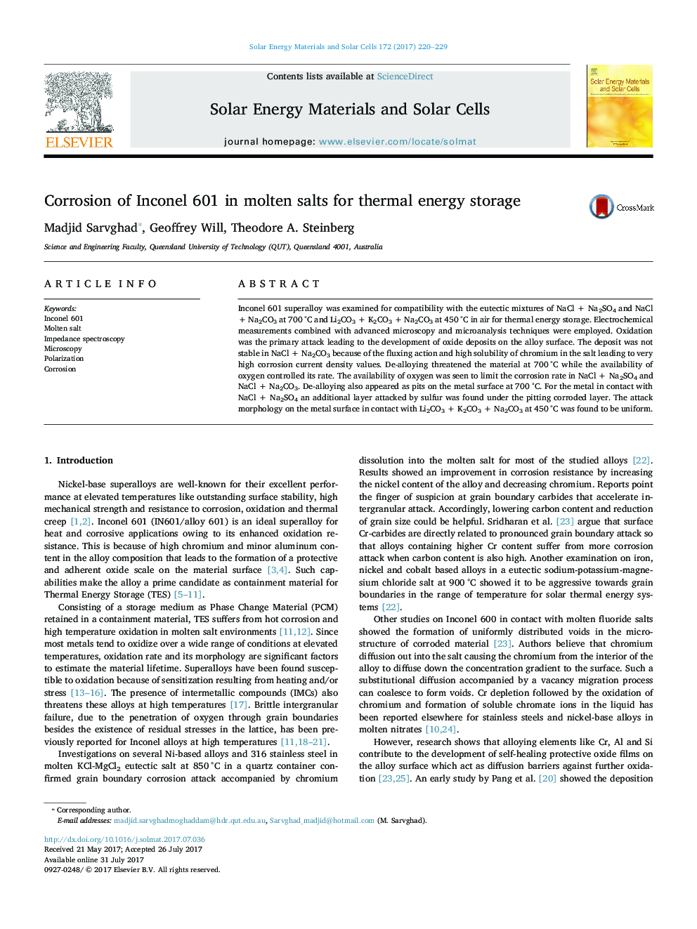 Corrosion of Inconel 601 in molten salts for thermal energy storage