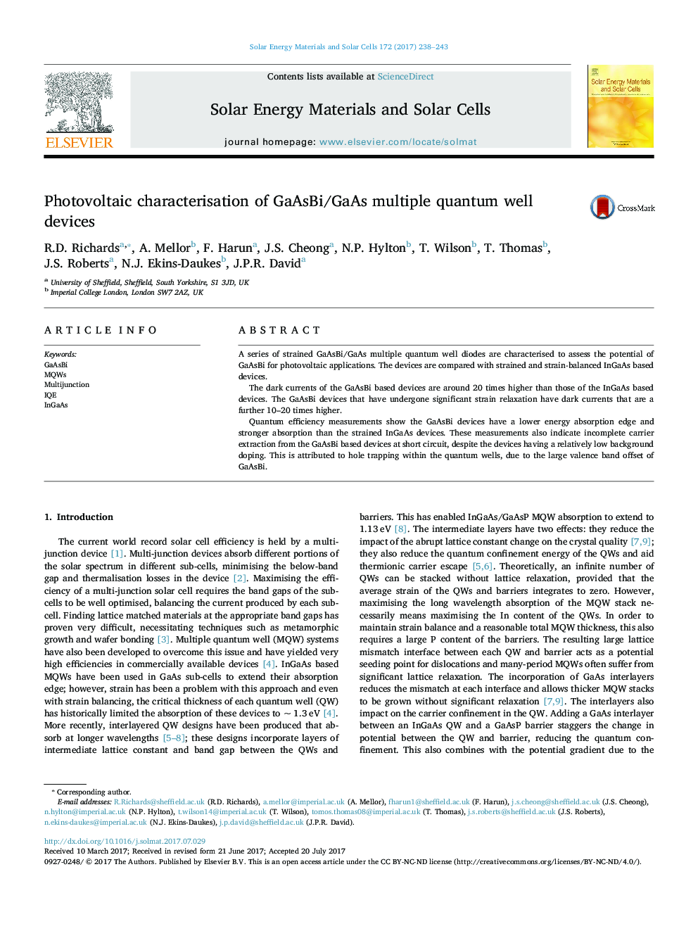 Photovoltaic characterisation of GaAsBi/GaAs multiple quantum well devices