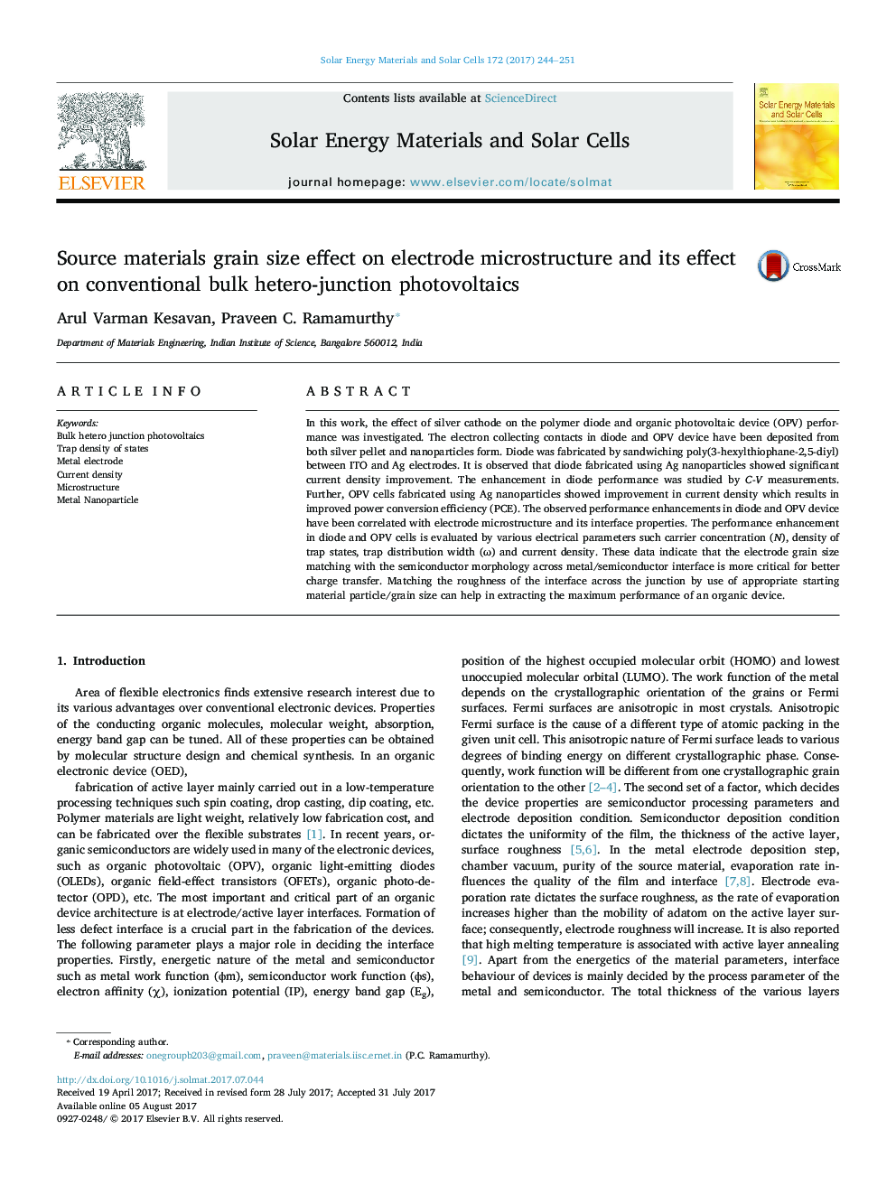 Source materials grain size effect on electrode microstructure and its effect on conventional bulk hetero-junction photovoltaics