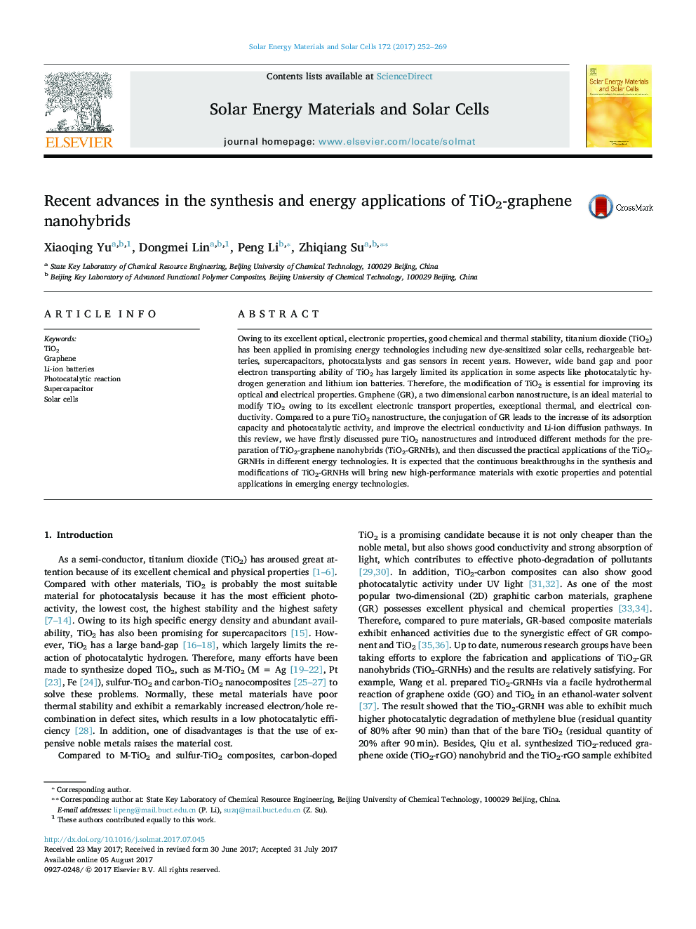 Recent advances in the synthesis and energy applications of TiO2-graphene nanohybrids