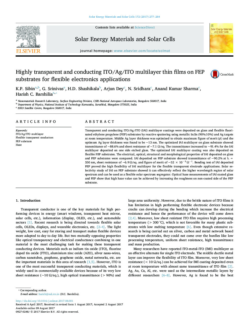 Highly transparent and conducting ITO/Ag/ITO multilayer thin films on FEP substrates for flexible electronics applications