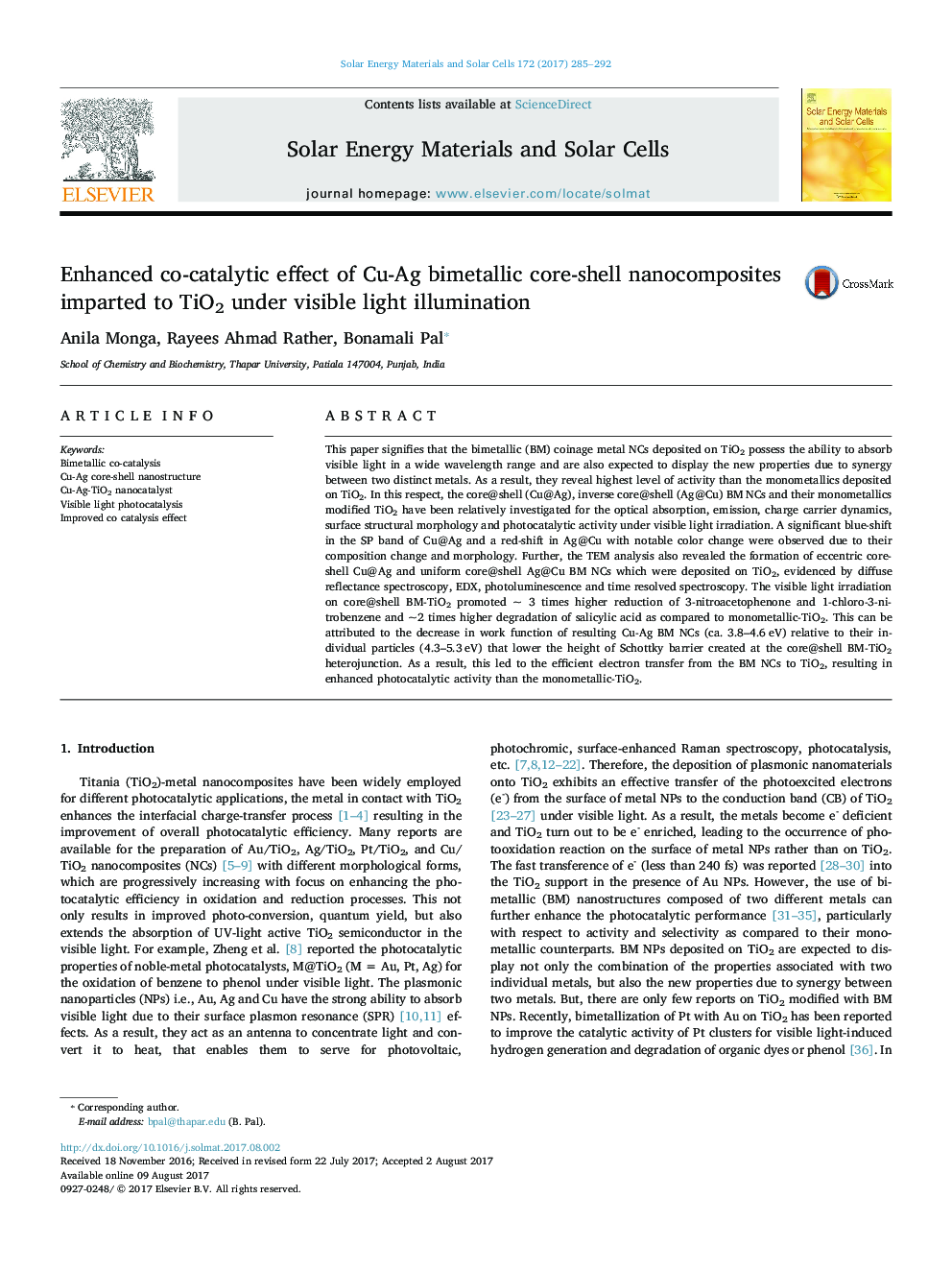 Enhanced co-catalytic effect of Cu-Ag bimetallic core-shell nanocomposites imparted to TiO2 under visible light illumination