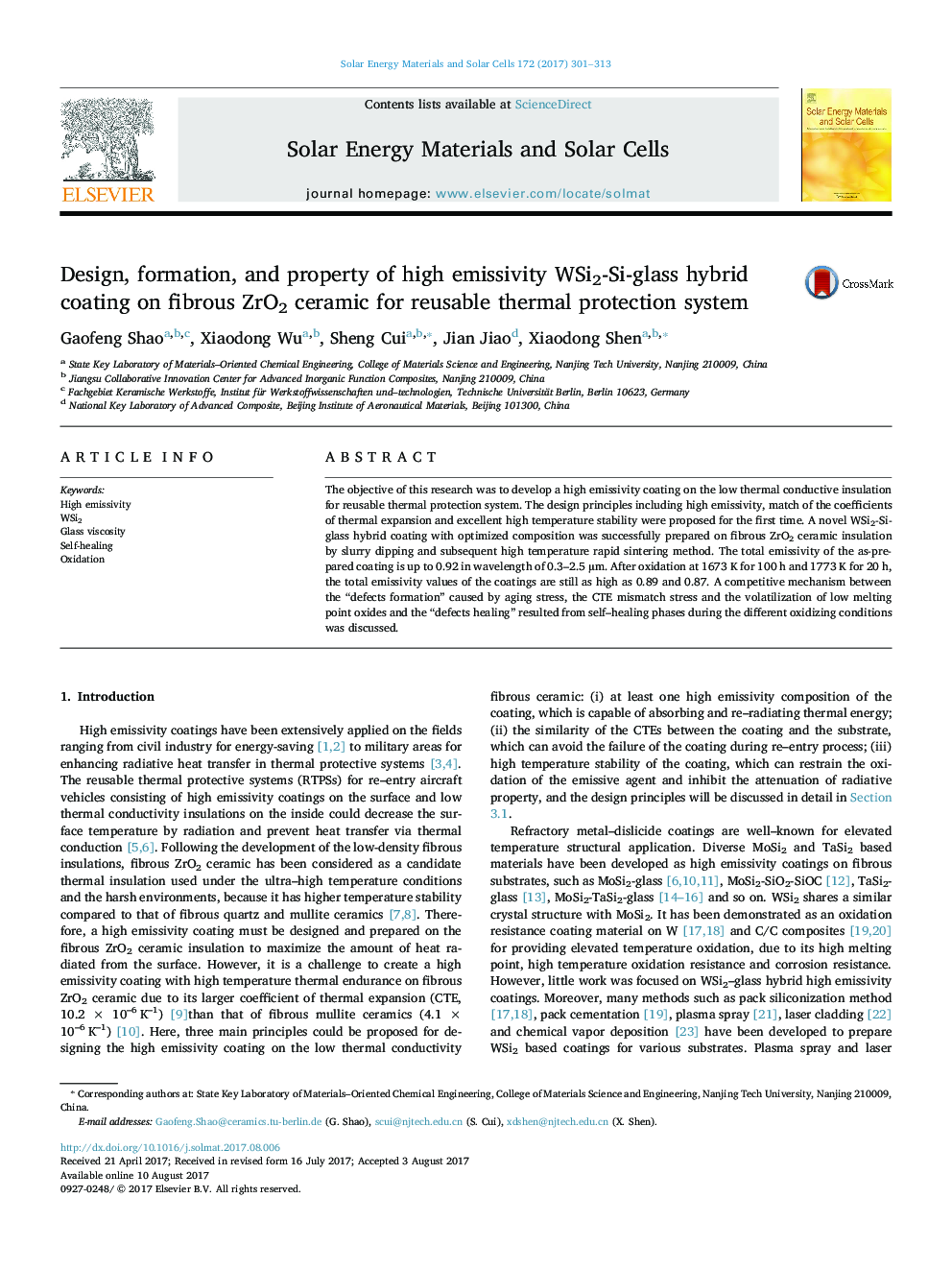 Design, formation, and property of high emissivity WSi2-Si-glass hybrid coating on fibrous ZrO2 ceramic for reusable thermal protection system