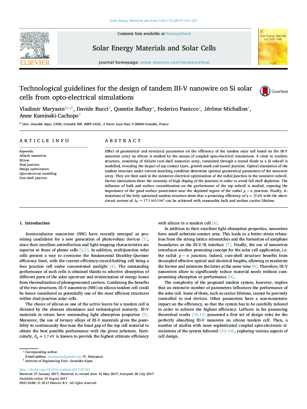 Technological guidelines for the design of tandem III-V nanowire on Si solar cells from opto-electrical simulations