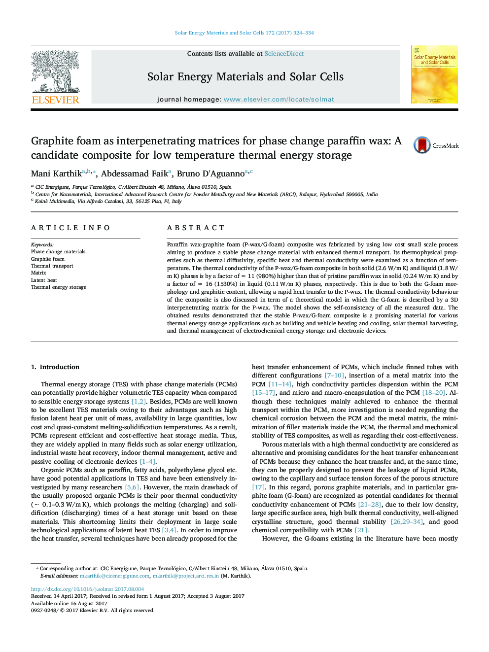 Graphite foam as interpenetrating matrices for phase change paraffin wax: A candidate composite for low temperature thermal energy storage