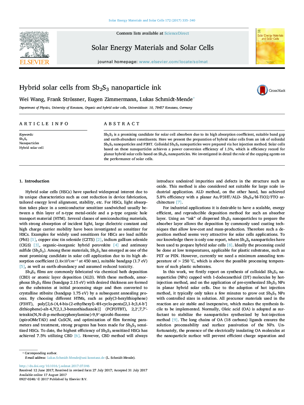 Hybrid solar cells from Sb2S3 nanoparticle ink