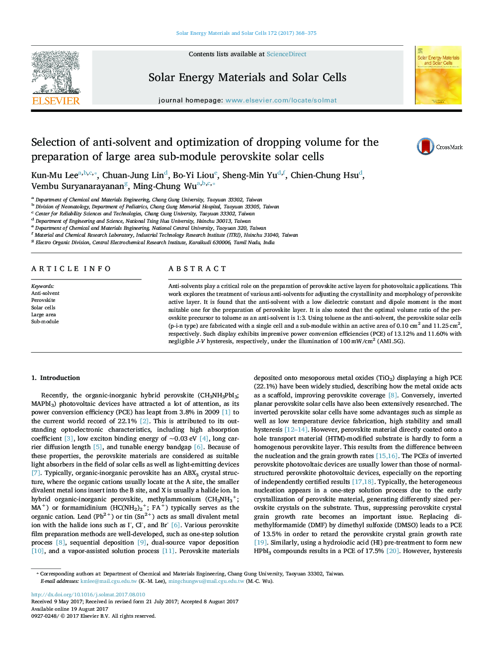 Selection of anti-solvent and optimization of dropping volume for the preparation of large area sub-module perovskite solar cells