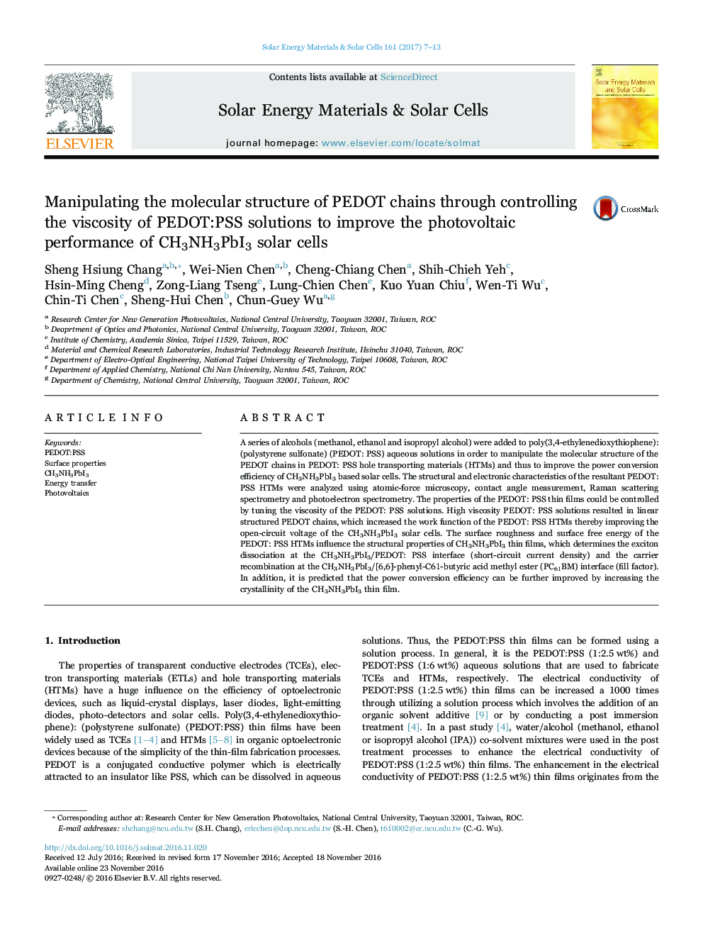 Manipulating the molecular structure of PEDOT chains through controlling the viscosity of PEDOT:PSS solutions to improve the photovoltaic performance of CH3NH3PbI3 solar cells