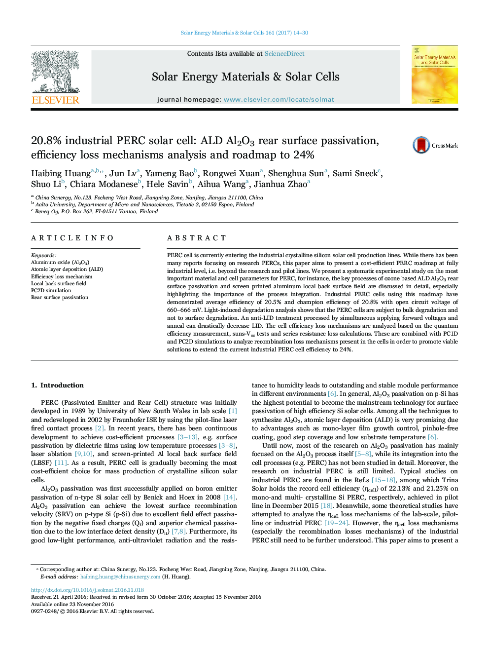 20.8% industrial PERC solar cell: ALD Al2O3 rear surface passivation, efficiency loss mechanisms analysis and roadmap to 24%