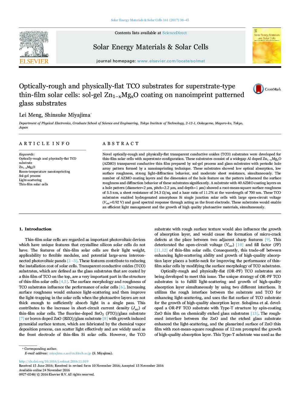 Optically-rough and physically-flat TCO substrates for superstrate-type thin-film solar cells: sol-gel Zn1âxMgxO coating on nanoimprint patterned glass substrates