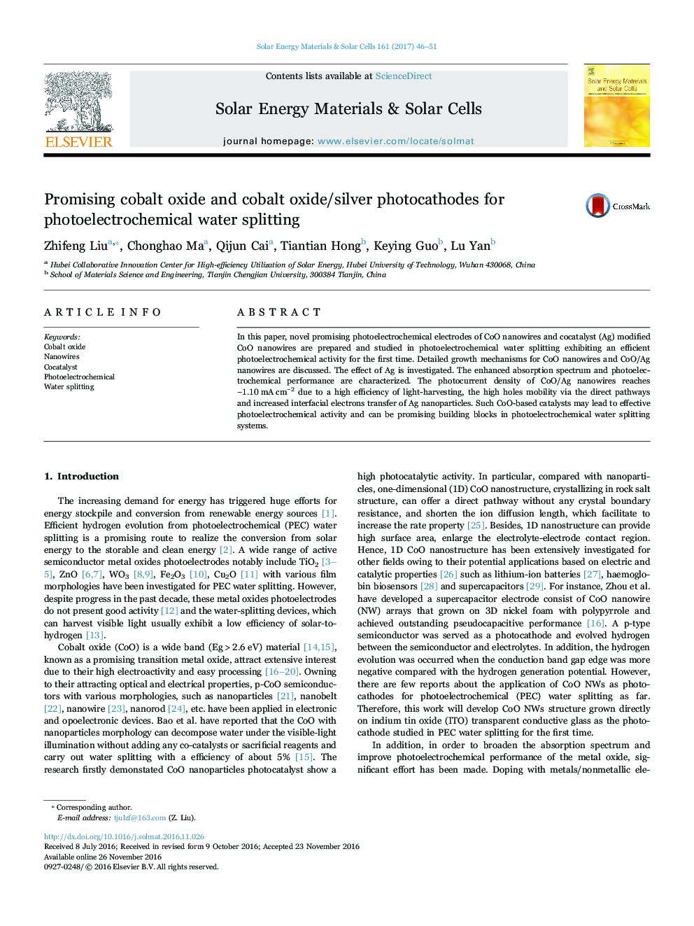 Promising cobalt oxide and cobalt oxide/silver photocathodes for photoelectrochemical water splitting