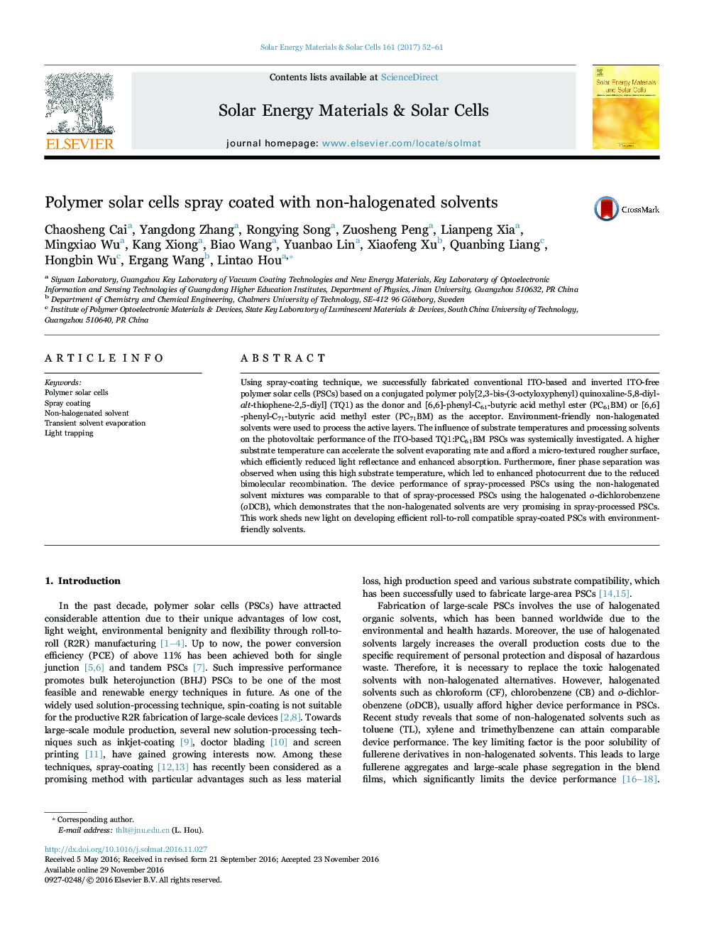 Polymer solar cells spray coated with non-halogenated solvents