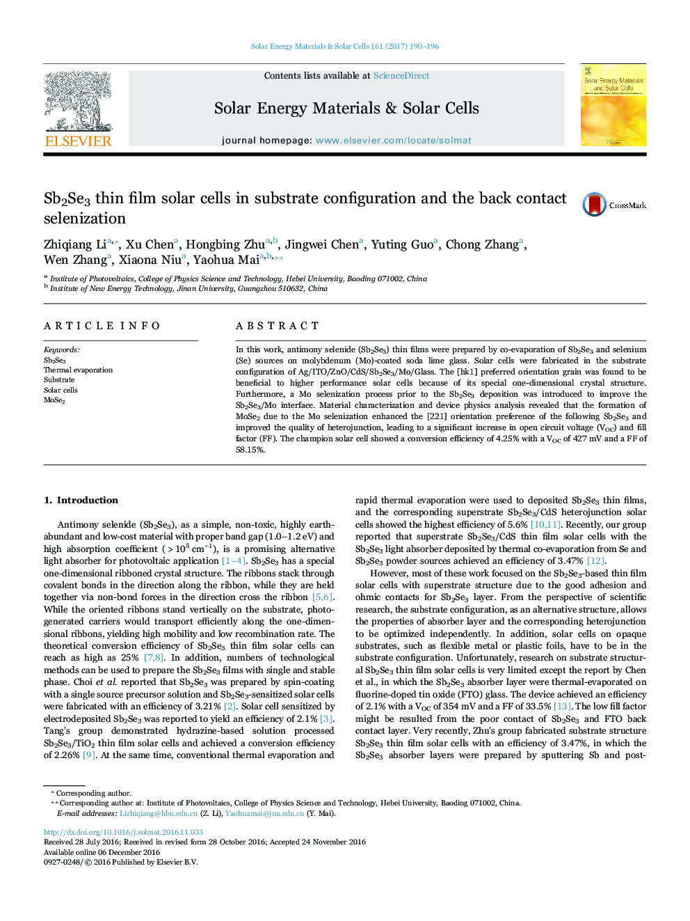 Sb2Se3 thin film solar cells in substrate configuration and the back contact selenization