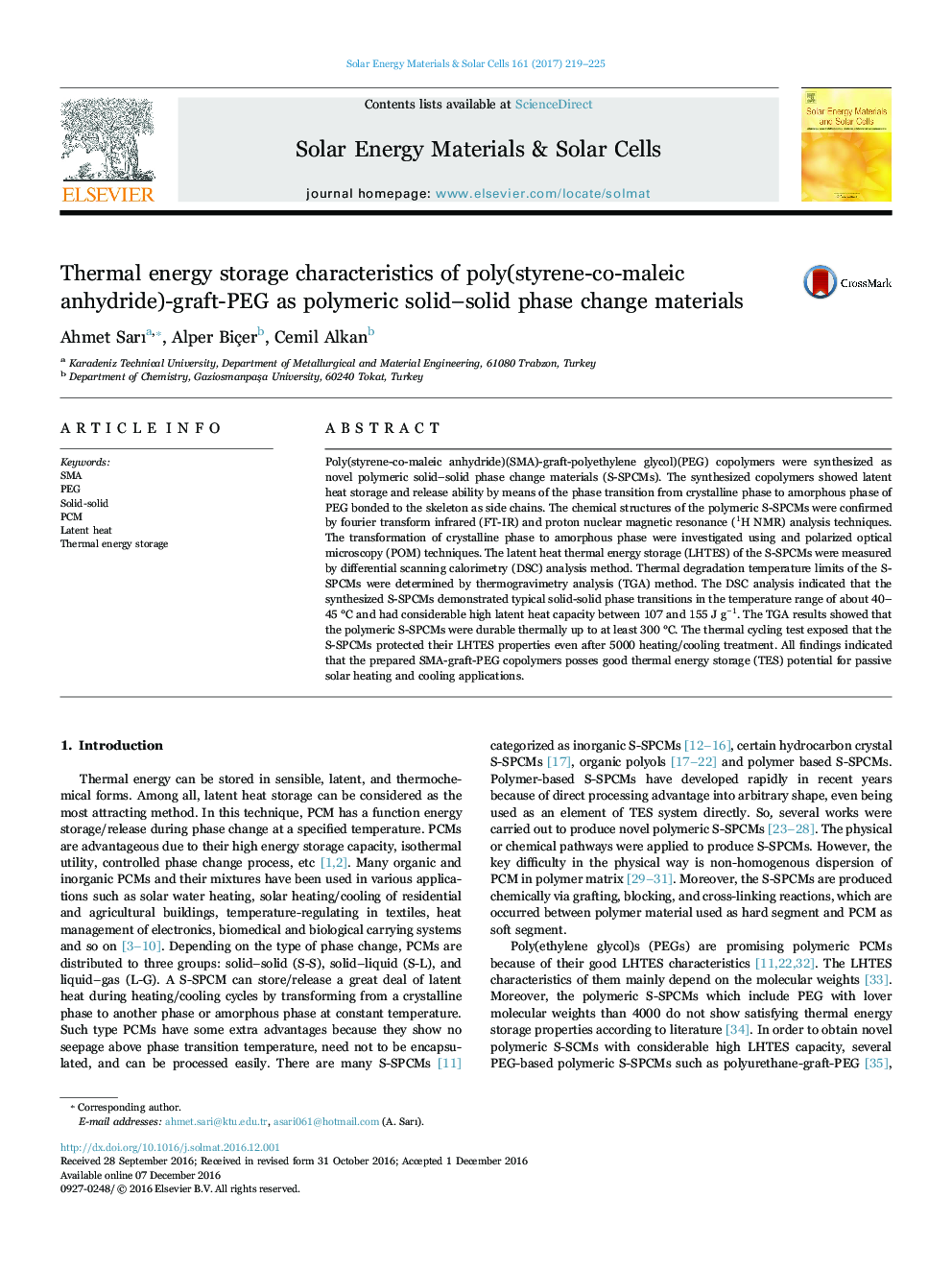 Thermal energy storage characteristics of poly(styrene-co-maleic anhydride)-graft-PEG as polymeric solid-solid phase change materials