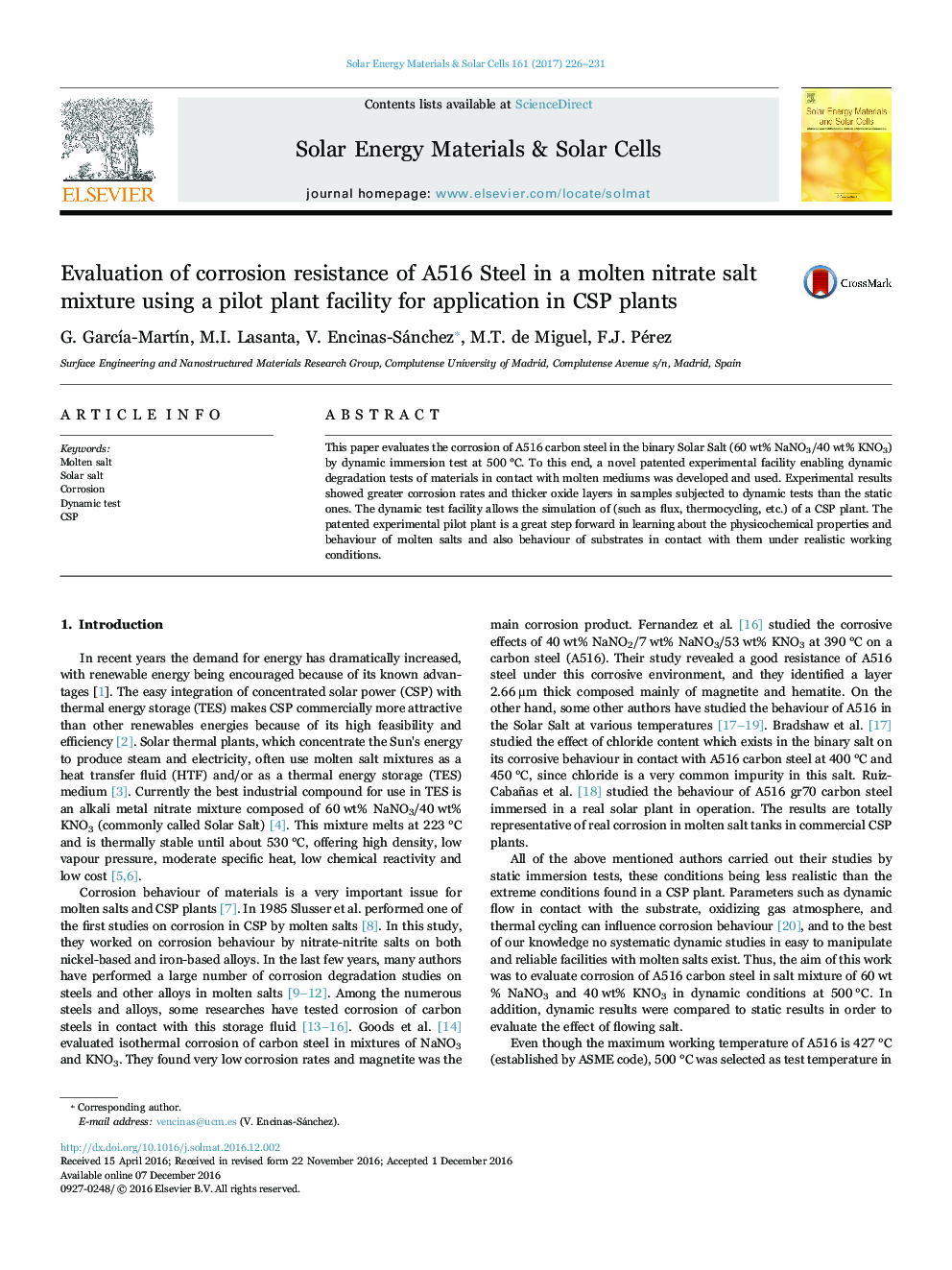 Evaluation of corrosion resistance of A516 Steel in a molten nitrate salt mixture using a pilot plant facility for application in CSP plants