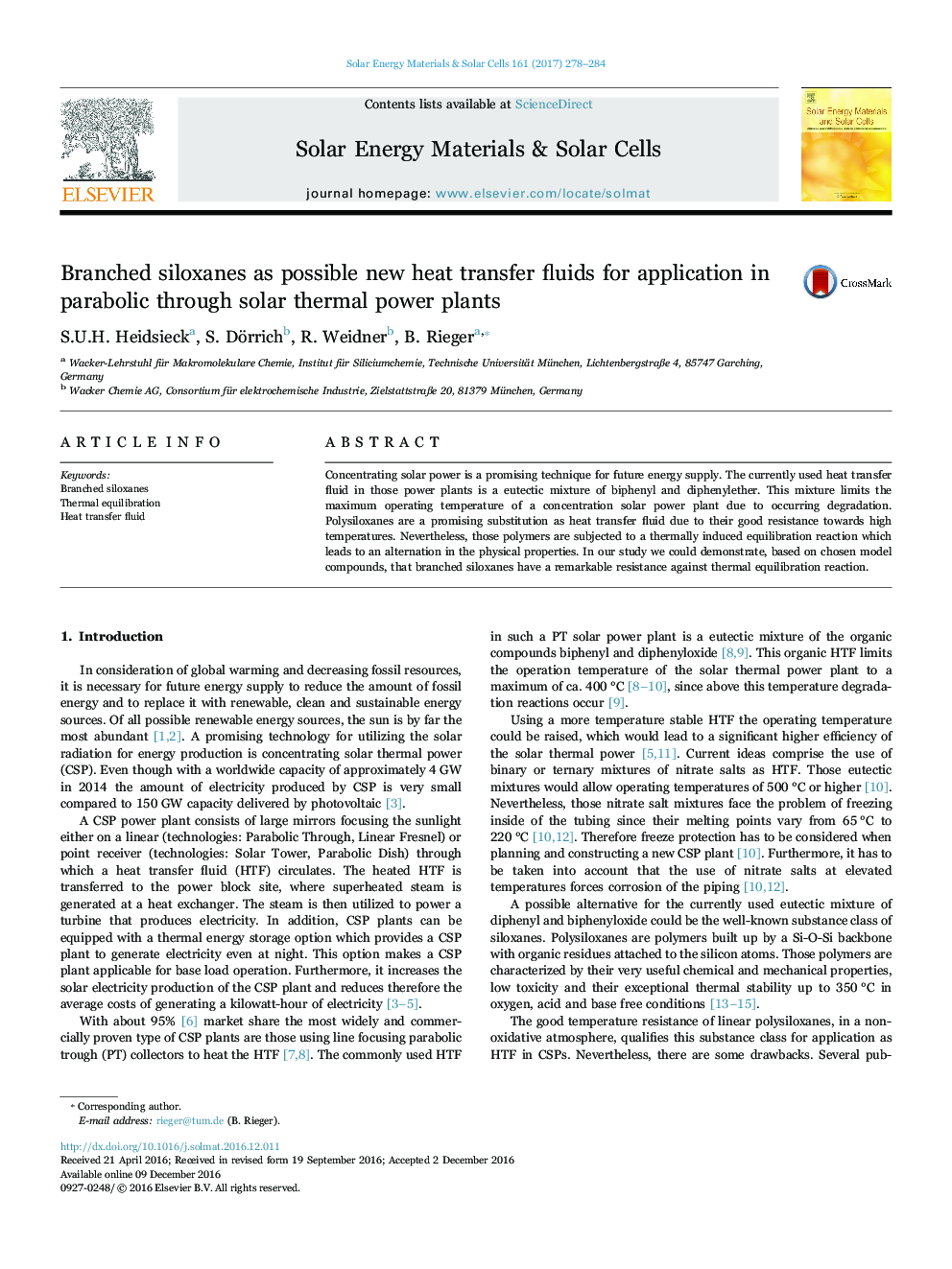 Branched siloxanes as possible new heat transfer fluids for application in parabolic through solar thermal power plants