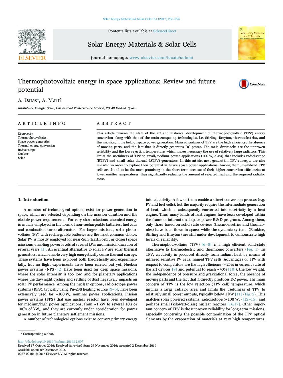 Thermophotovoltaic energy in space applications: Review and future potential