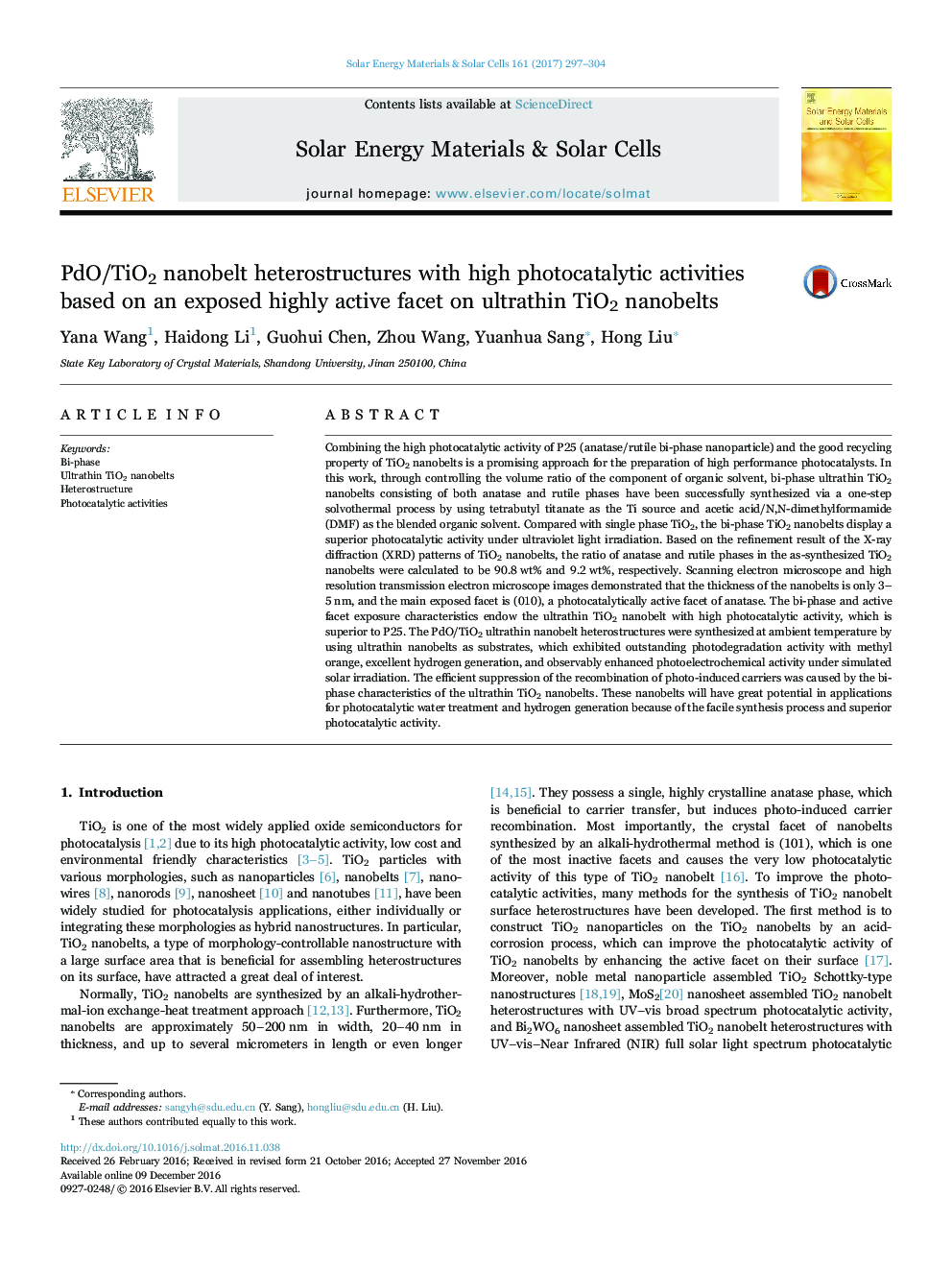 PdO/TiO2 nanobelt heterostructures with high photocatalytic activities based on an exposed highly active facet on ultrathin TiO2 nanobelts