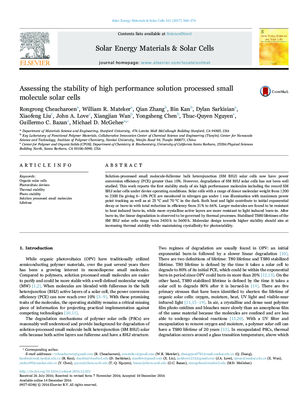 Assessing the stability of high performance solution processed small molecule solar cells