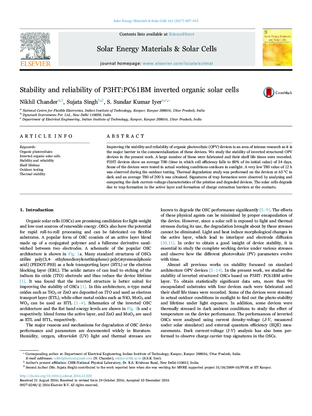 Stability and reliability of P3HT:PC61BM inverted organic solar cells