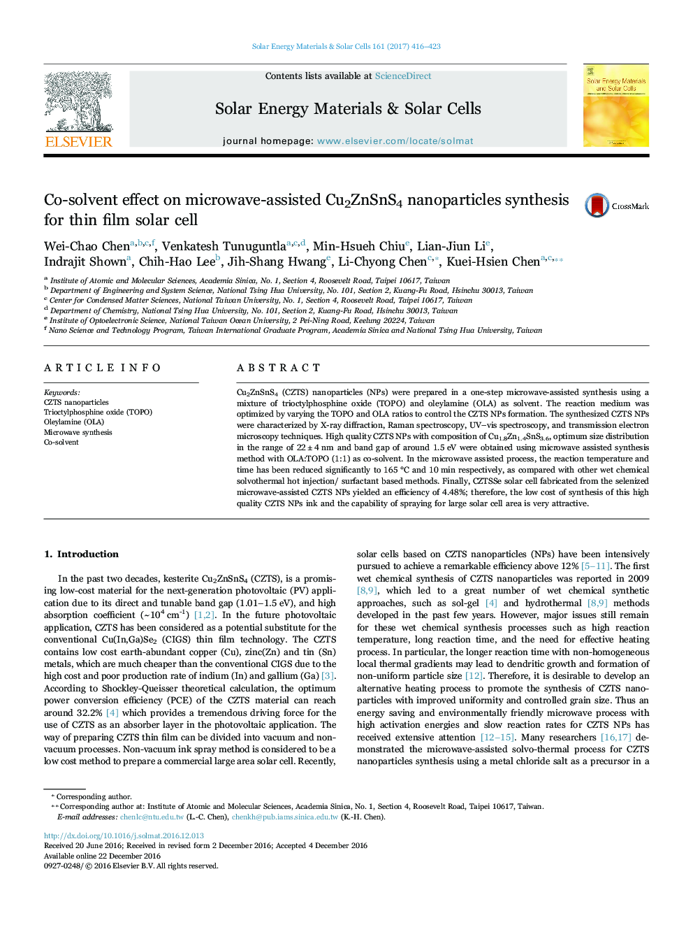 Co-solvent effect on microwave-assisted Cu2ZnSnS4 nanoparticles synthesis for thin film solar cell