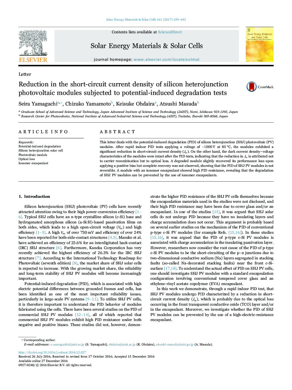 Reduction in the short-circuit current density of silicon heterojunction photovoltaic modules subjected to potential-induced degradation tests