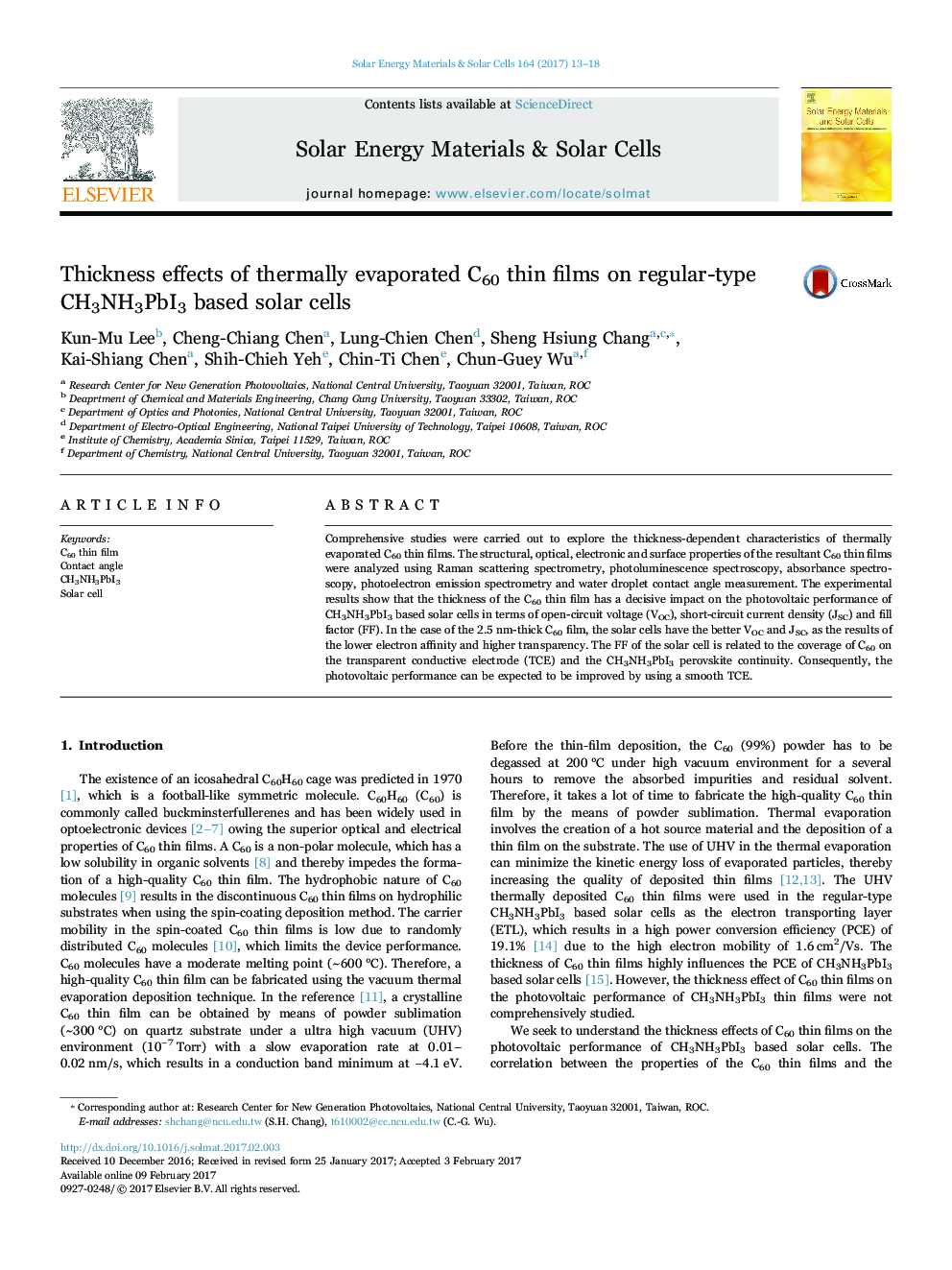 Thickness effects of thermally evaporated C60 thin films on regular-type CH3NH3PbI3 based solar cells