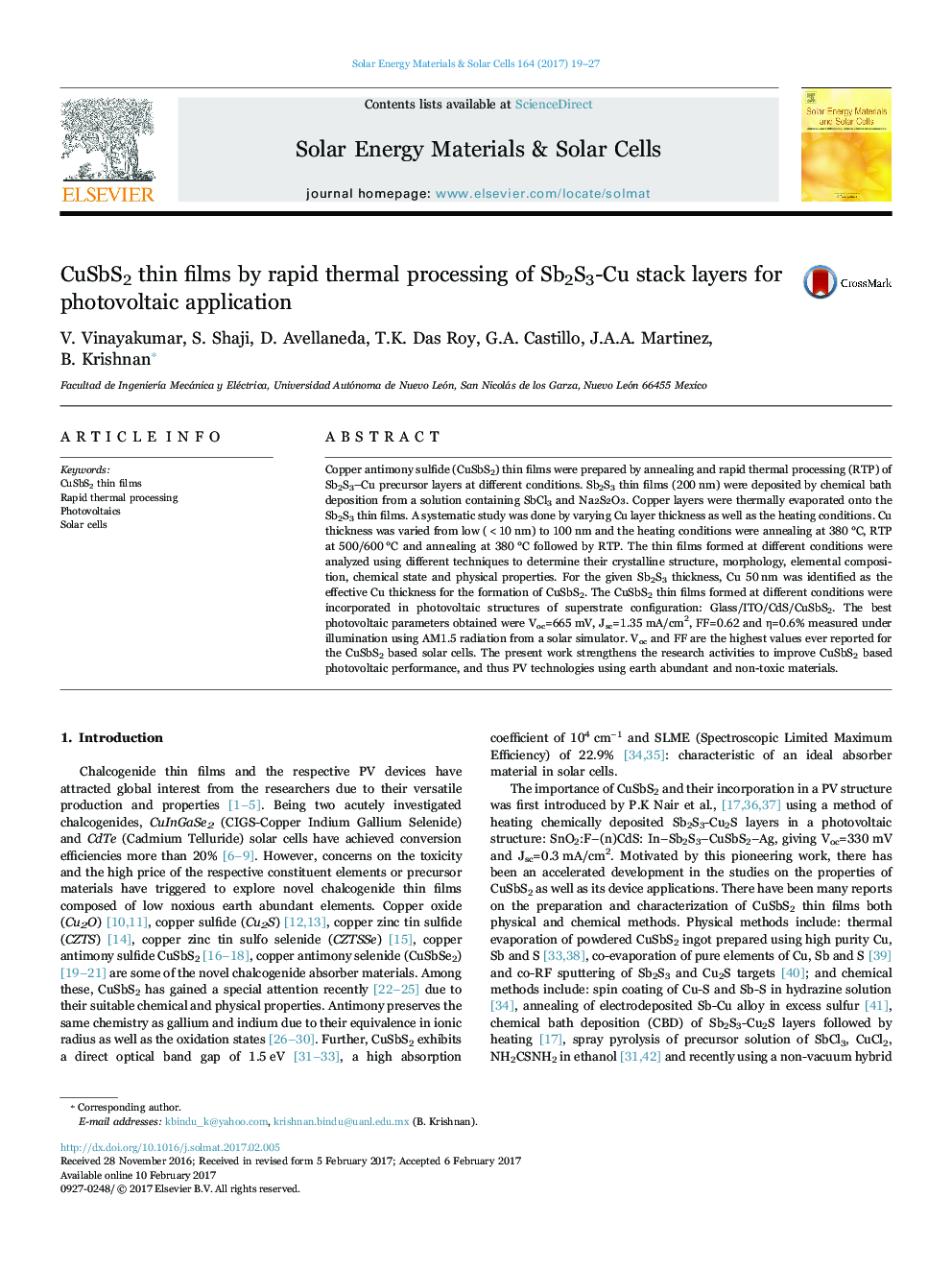 CuSbS2 thin films by rapid thermal processing of Sb2S3-Cu stack layers for photovoltaic application