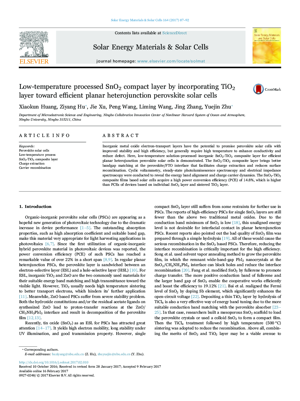 Low-temperature processed SnO2 compact layer by incorporating TiO2 layer toward efficient planar heterojunction perovskite solar cells