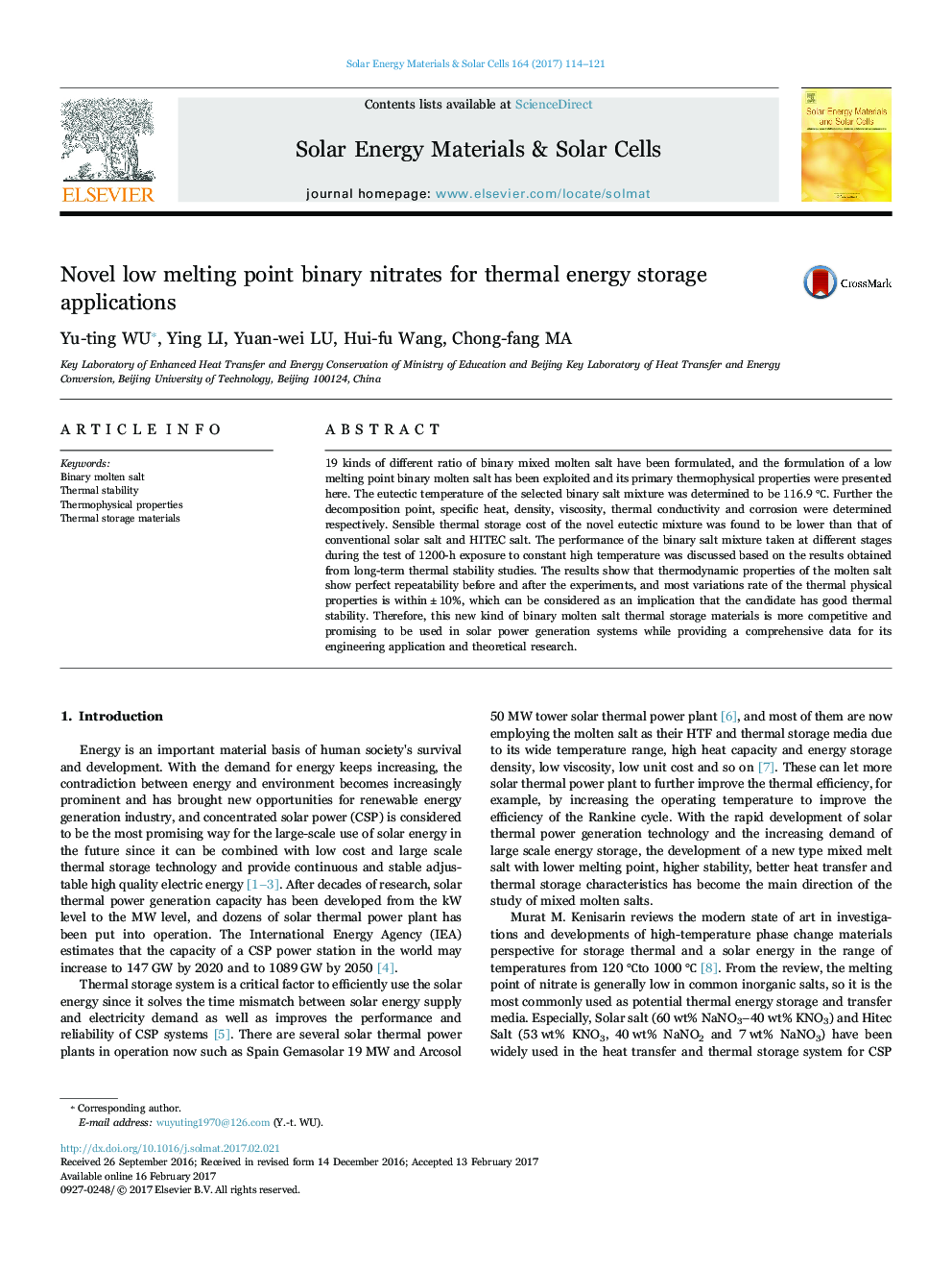 Novel low melting point binary nitrates for thermal energy storage applications