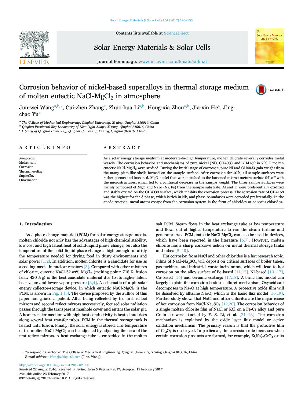 Corrosion behavior of nickel-based superalloys in thermal storage medium of molten eutectic NaCl-MgCl2 in atmosphere