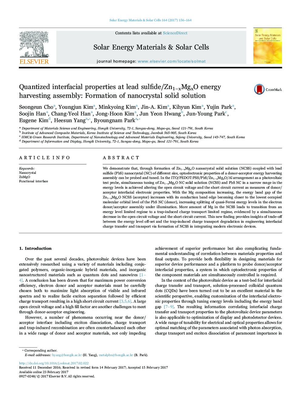 Quantized interfacial properties at lead sulfide/Zn1âxMgxO energy harvesting assembly: Formation of nanocrystal solid solution