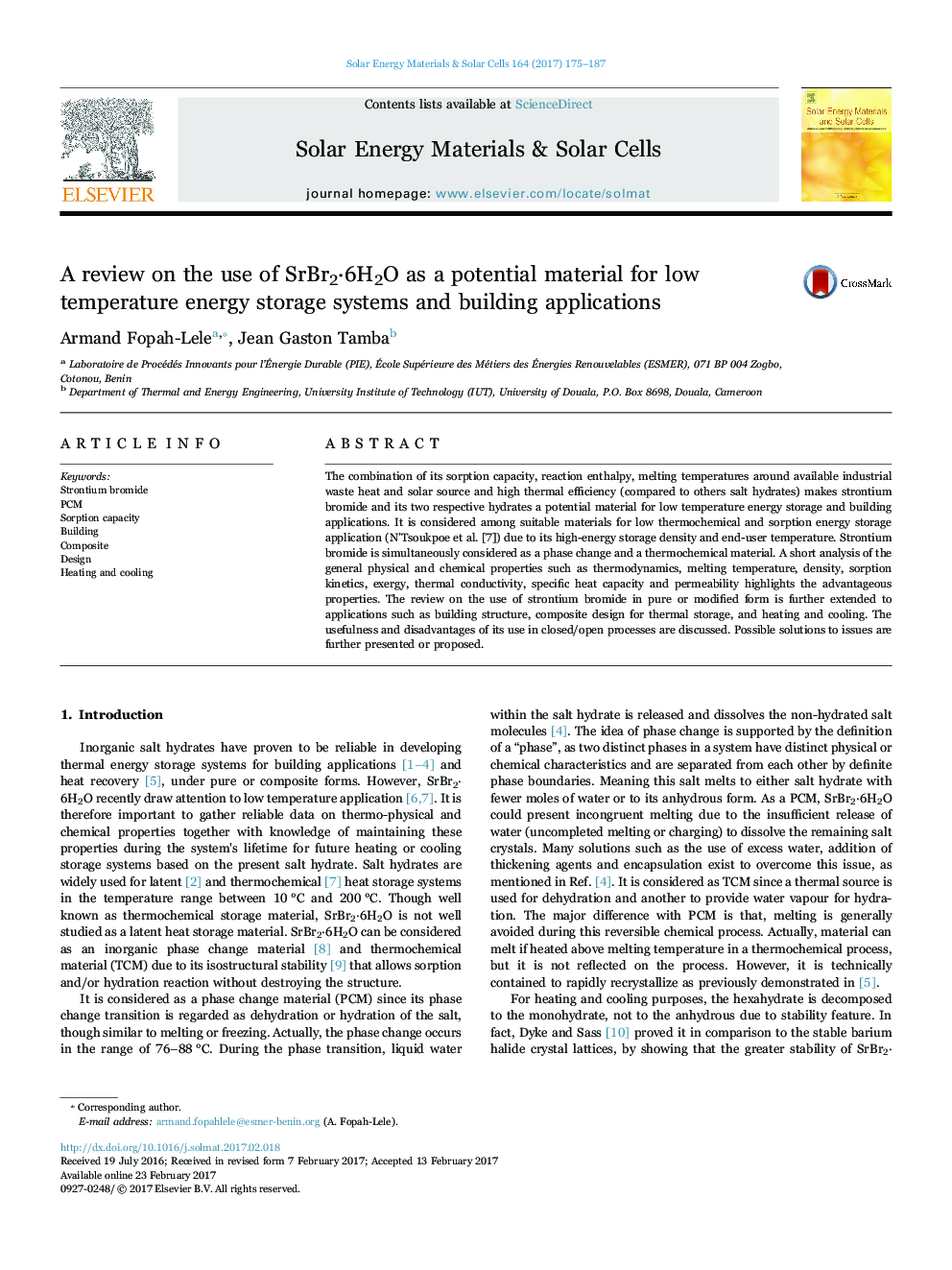 A review on the use of SrBr2Â·6H2O as a potential material for low temperature energy storage systems and building applications