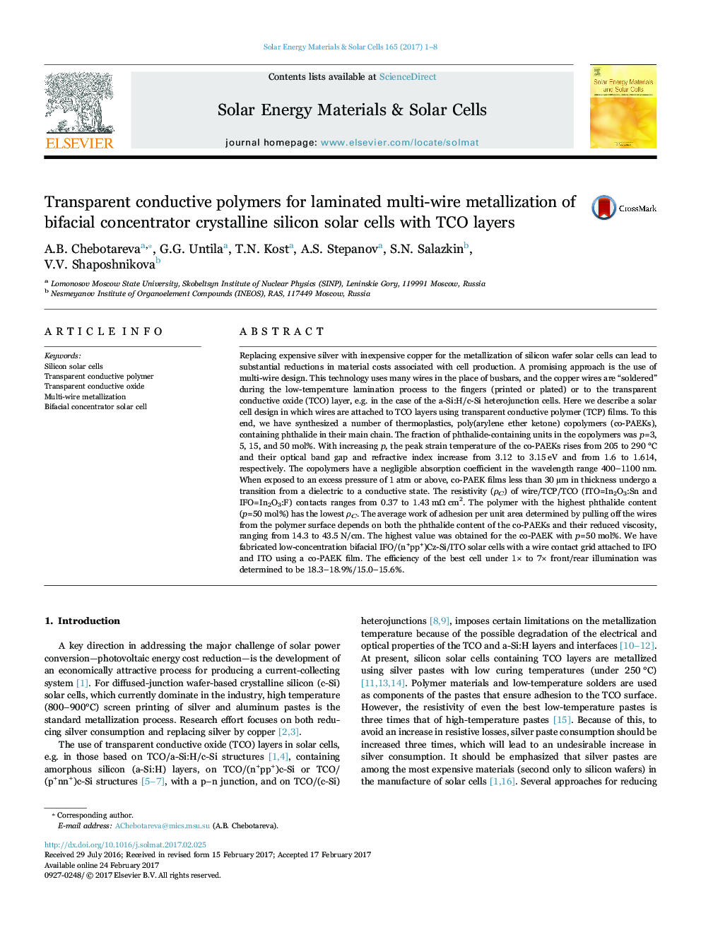 Transparent conductive polymers for laminated multi-wire metallization of bifacial concentrator crystalline silicon solar cells with TCO layers