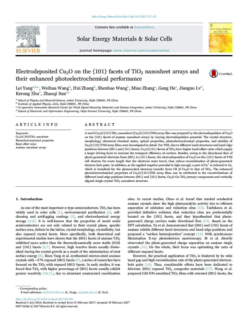 Electrodeposited Cu2O on the {101} facets of TiO2 nanosheet arrays and their enhanced photoelectrochemical performance