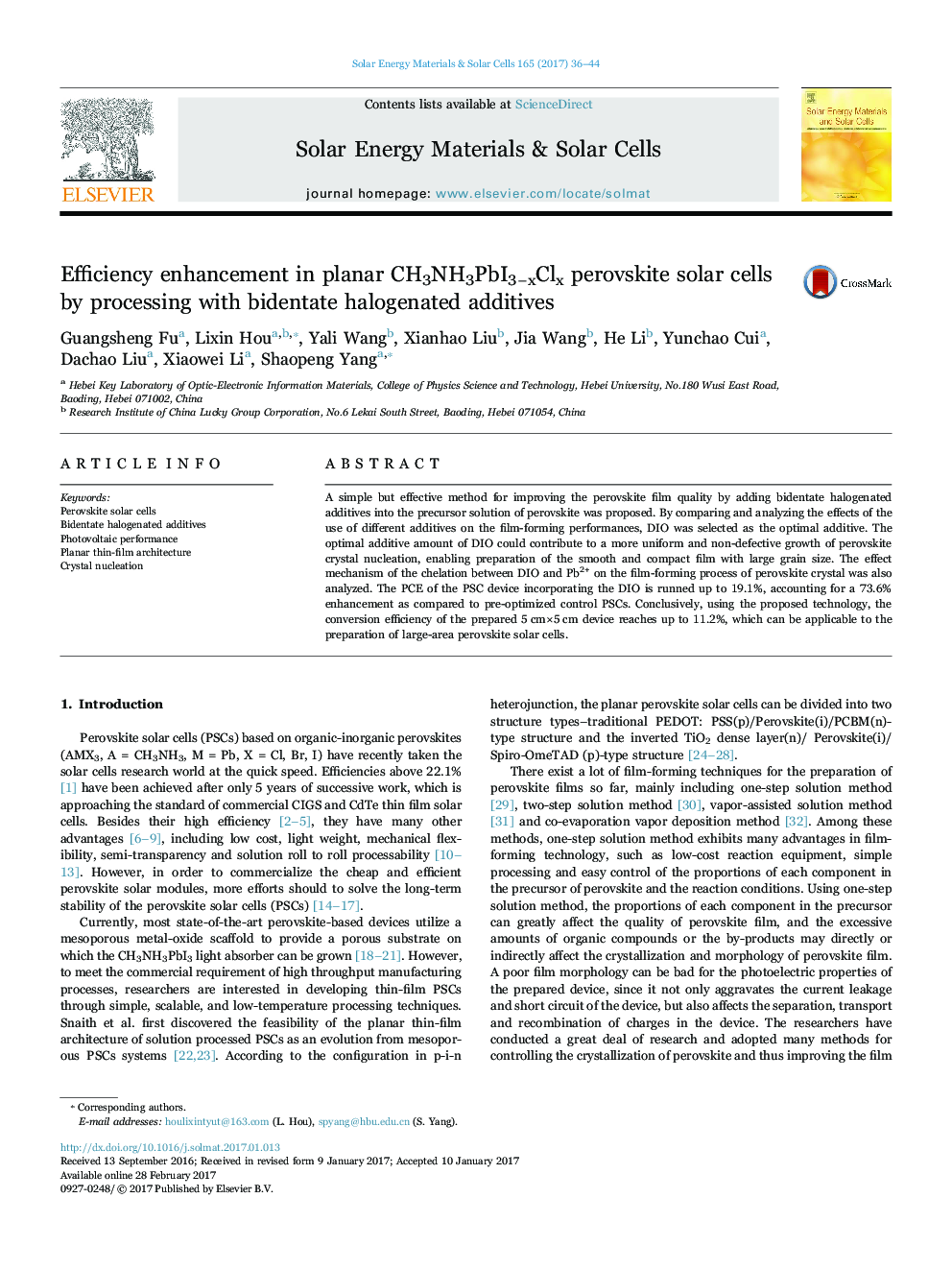 Efficiency enhancement in planar CH3NH3PbI3âxClx perovskite solar cells by processing with bidentate halogenated additives