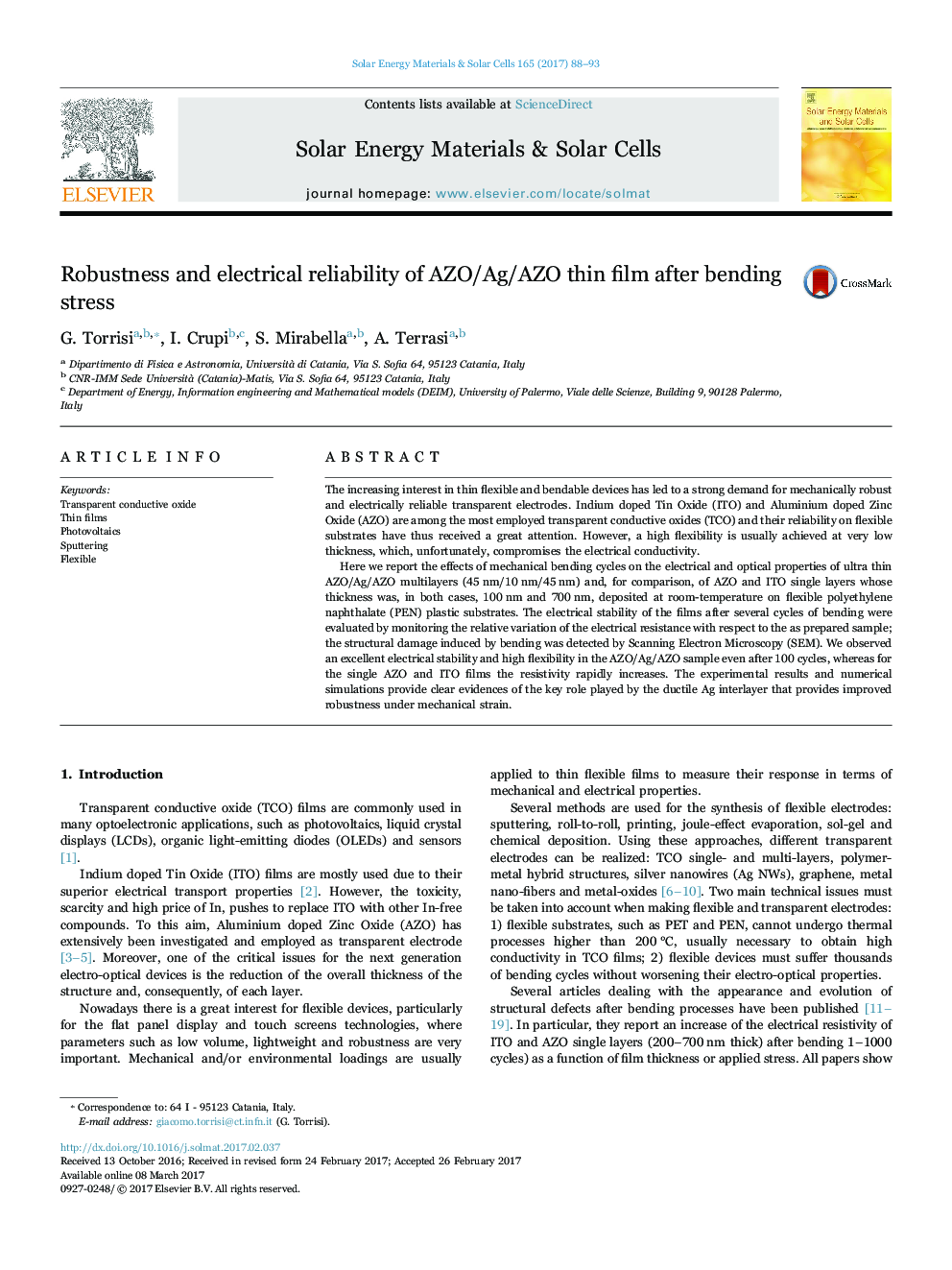 Robustness and electrical reliability of AZO/Ag/AZO thin film after bending stress
