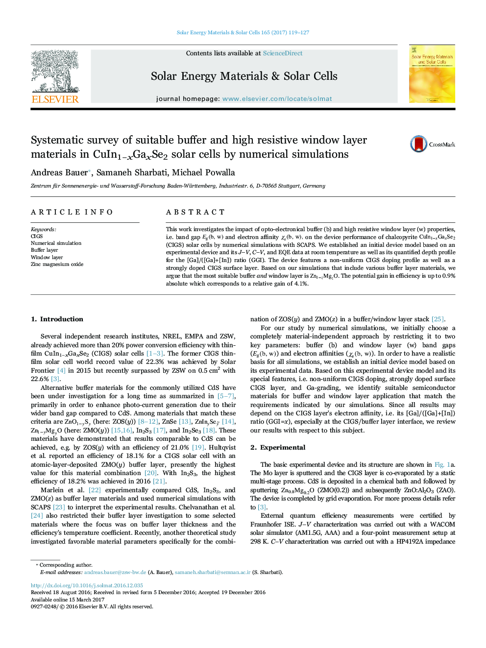 Systematic survey of suitable buffer and high resistive window layer materials in CuIn1âxGaxSe2 solar cells by numerical simulations